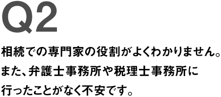 Q2.相続での専門家の役割がよくわかりません。また、弁護士事務所や税理士事務所に行ったことがなく不安です。